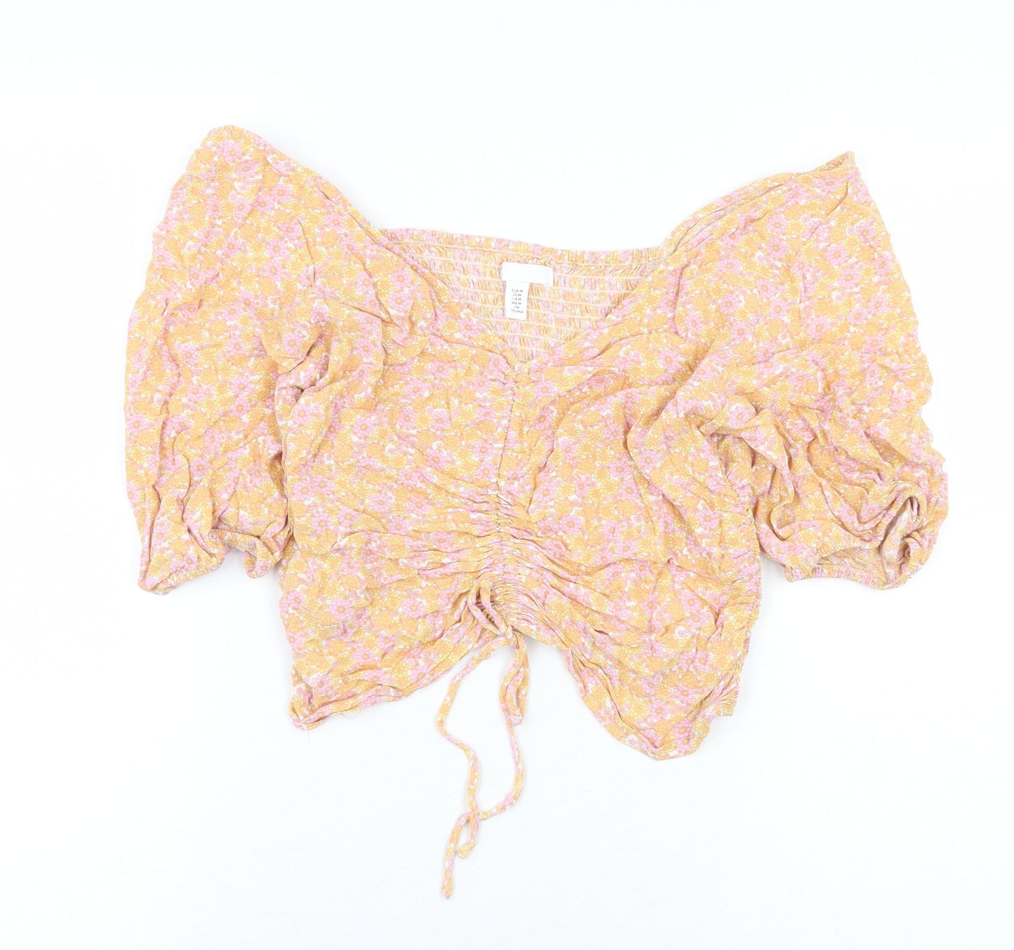 H&M Womens Multicoloured Floral Viscose Cropped Blouse Size M V-Neck - Ruched Detail