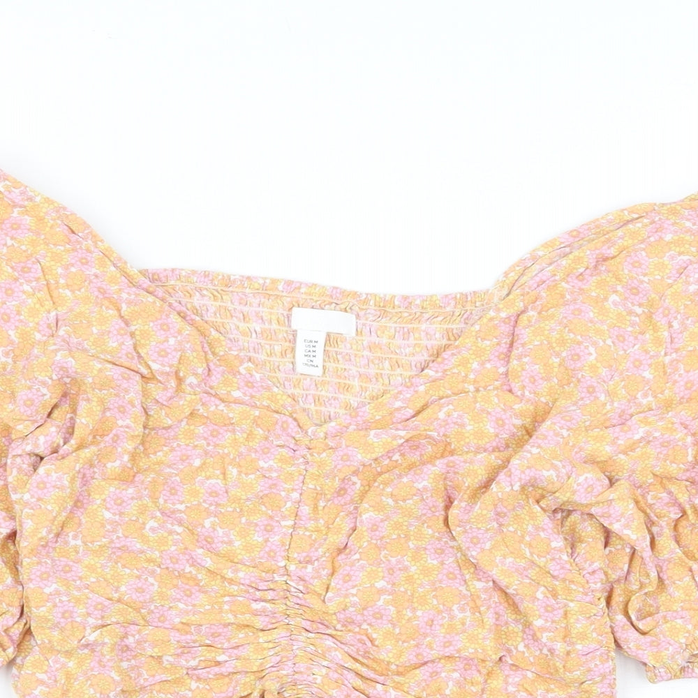 H&M Womens Multicoloured Floral Viscose Cropped Blouse Size M V-Neck - Ruched Detail