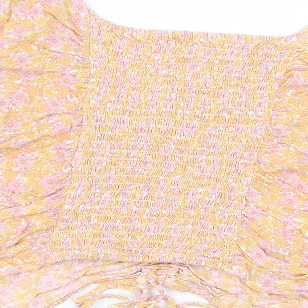H&M Womens Multicoloured Floral Viscose Cropped Blouse Size M V-Neck - Ruched Detail