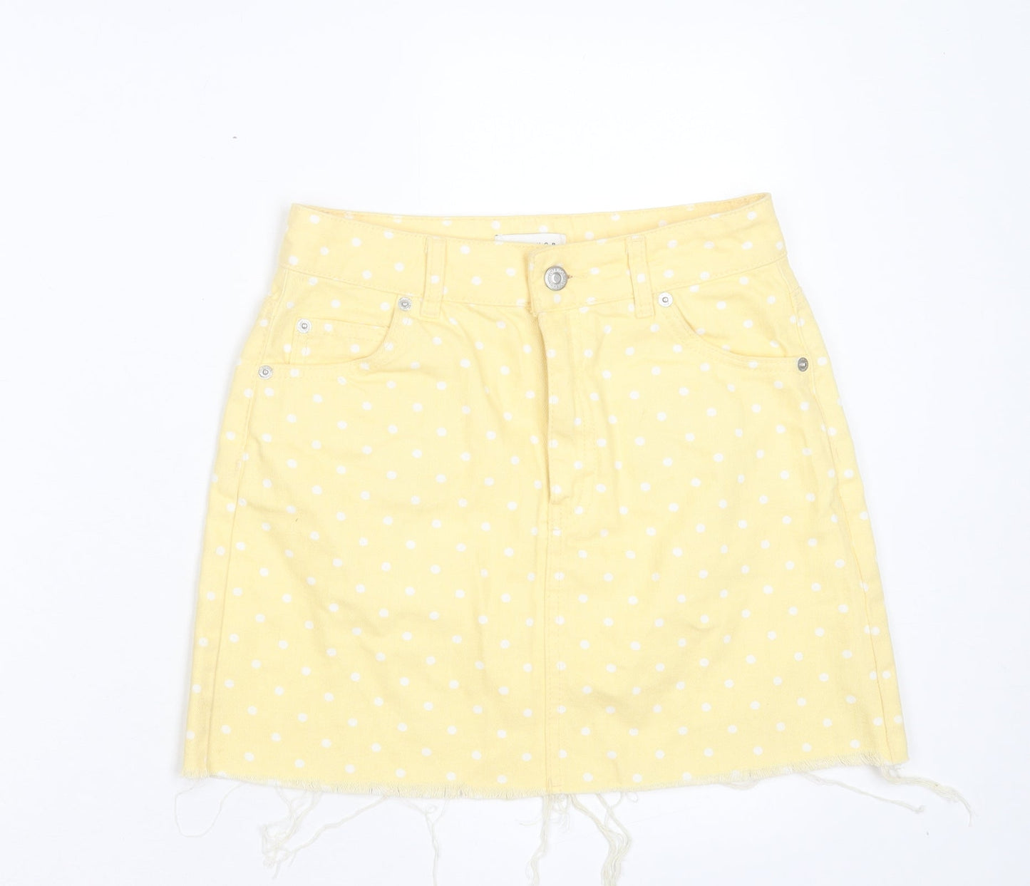 Topshop Womens Yellow Polka Dot Cotton A-Line Skirt Size 8 Button