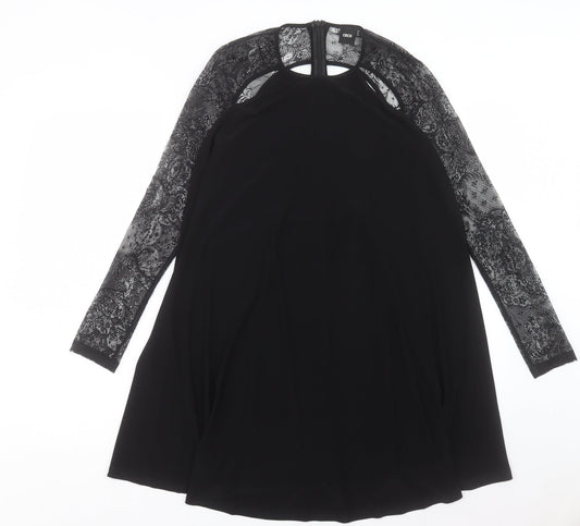 ASOS Womens Black Polyester A-Line Size 10 Crew Neck Zip - Lace Sleeve Detail
