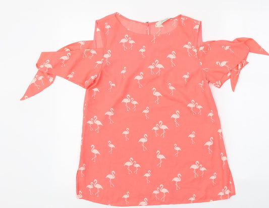 Oasis Womens Pink Geometric Polyester Jersey Tank Size 8 Round Neck - Cold Shoulder Flamingo Print