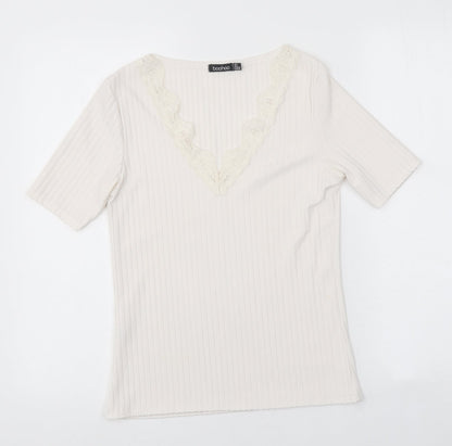 Boohoo Womens White Polyester Basic Polo Size 8 V-Neck
