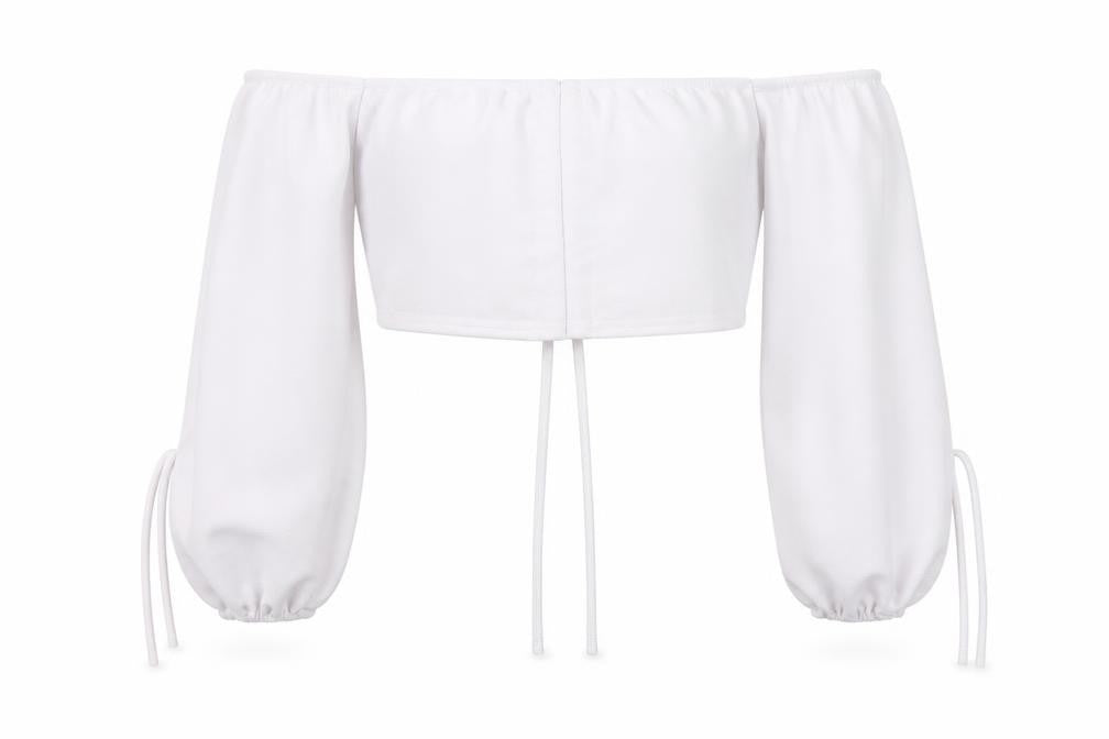 PRETTYLITTLETHING Womens White Polyester Cropped Blouse Size 8 Off the Shoulder - Ruched Detail