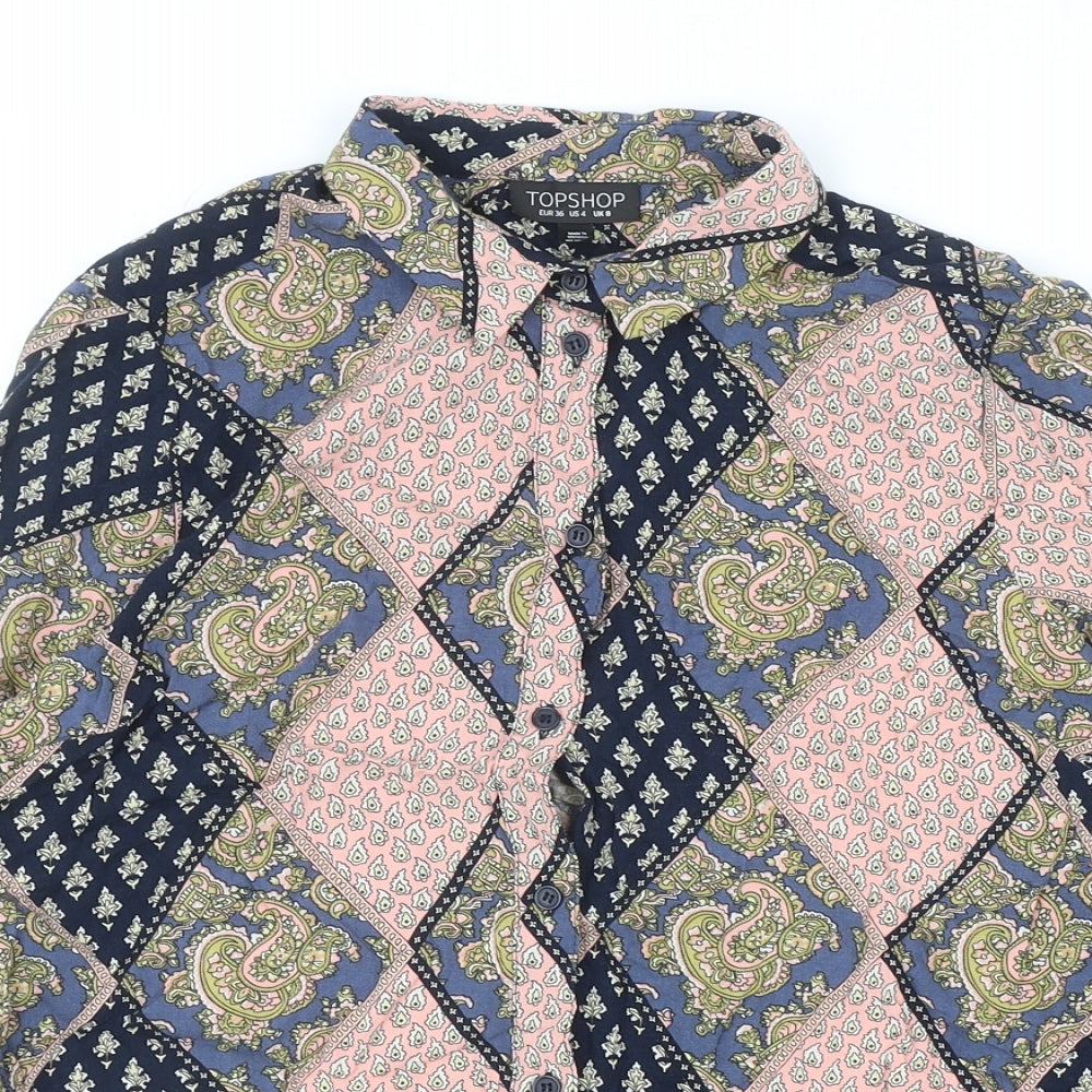 Topshop Womens Multicoloured Geometric Viscose Basic Button-Up Size 8 Collared