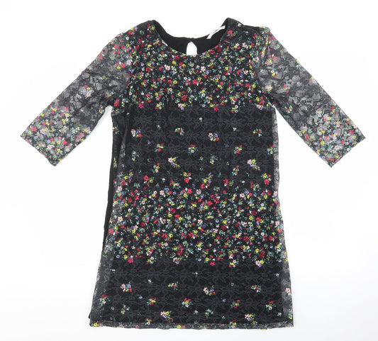 TU Woman Womens Black Floral Viscose T-Shirt Dress Size 12 Round Neck Button - Lace Overlay