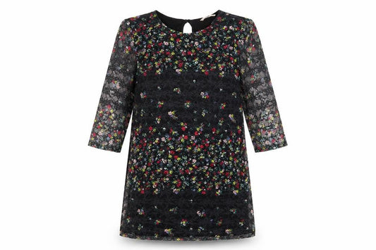 Tu Woman Womens Black Floral Viscose T-Shirt Dress Size 12 Round Neck Button - Lace Overlay