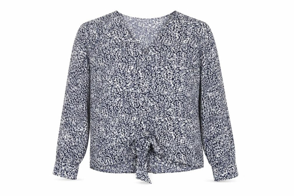 Primark Womens Blue Geometric Polyester Basic Blouse Size 10 V-Neck - Navy blue and white pattern