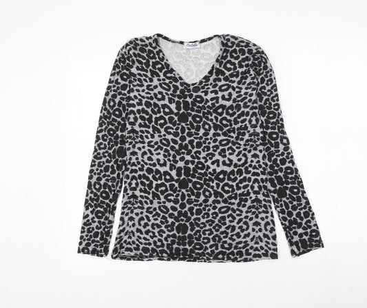 Natalia Womens Grey Animal Print Viscose Basic T-Shirt Size M V-Neck - Leopard Print Size M/L