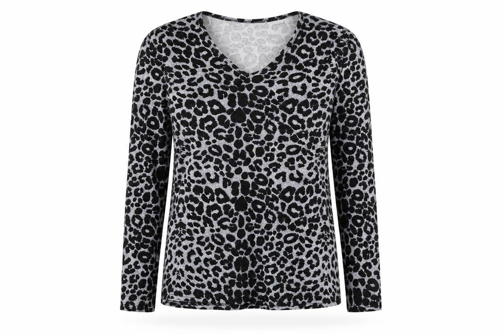 Natalia Womens Grey Animal Print Viscose Basic T-Shirt Size M V-Neck - Leopard Print Size M/L
