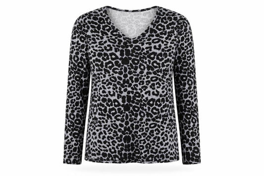 Natalia Womens Grey Animal Print Viscose Basic T-Shirt Size M V-Neck - Leopard Print Size M/L