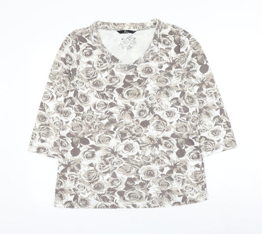 Bonmarché Womens Grey V-Neck Floral Polyester Pullover Jumper Size M