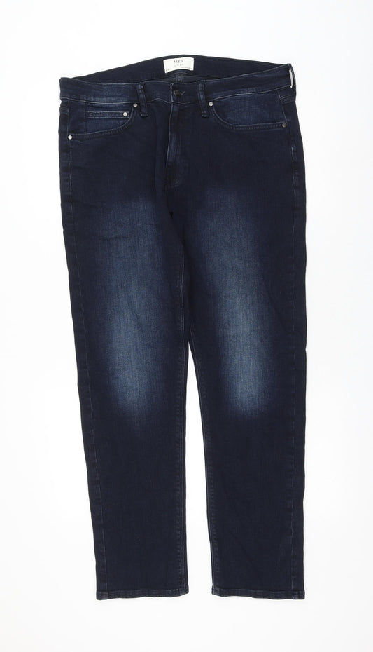 Marks and Spencer Womens Blue Cotton Straight Jeans Size 34 in L31 in Regular Zip