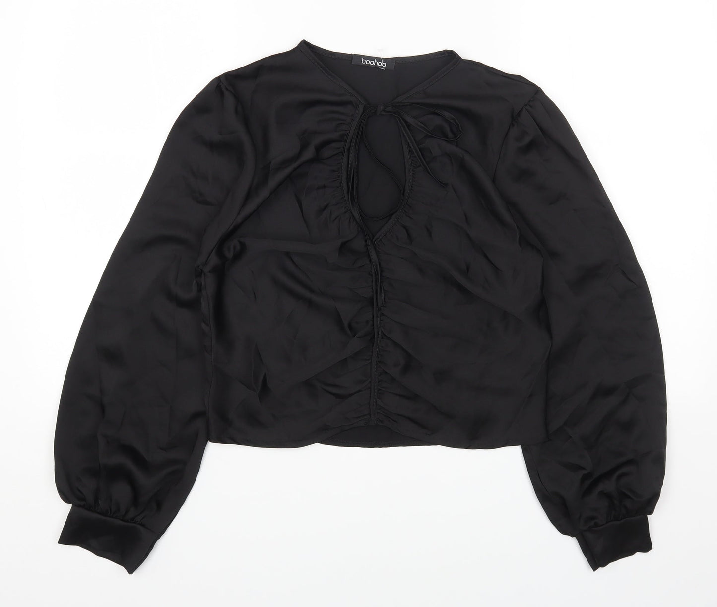 Boohoo Womens Black Polyester Cropped T-Shirt Size 12 Round Neck