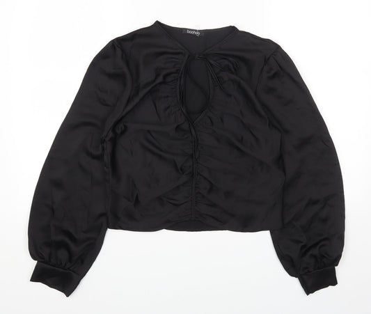 Boohoo Womens Black Polyester Cropped T-Shirt Size 12 Round Neck