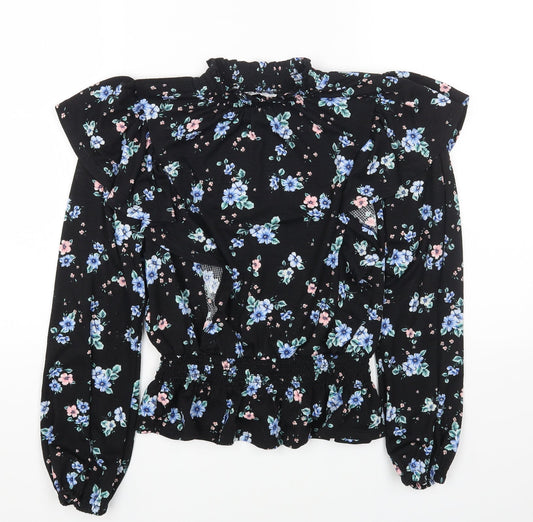 Dorothy Perkins Womens Black Floral Polyester Cropped T-Shirt Size 10 Mock Neck