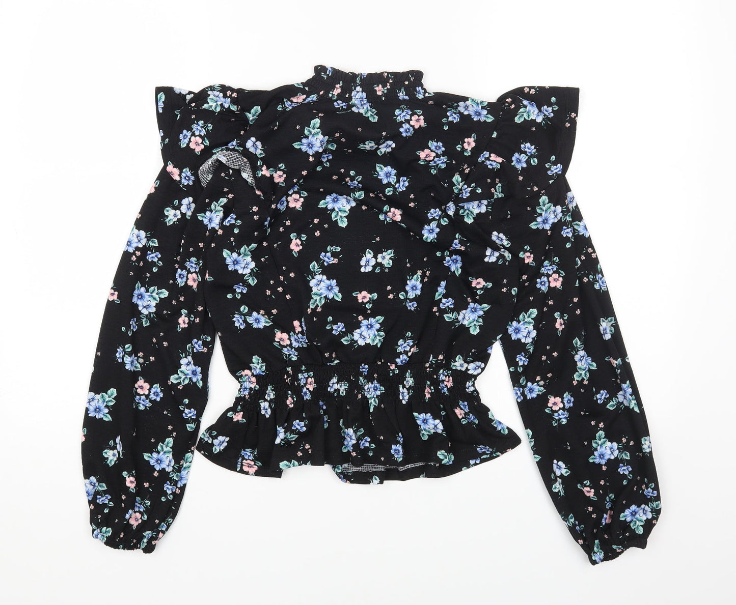 Dorothy Perkins Womens Black Floral Polyester Cropped T-Shirt Size 10 Mock Neck