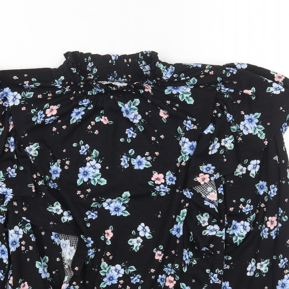 Dorothy Perkins Womens Black Floral Polyester Cropped T-Shirt Size 10 Mock Neck