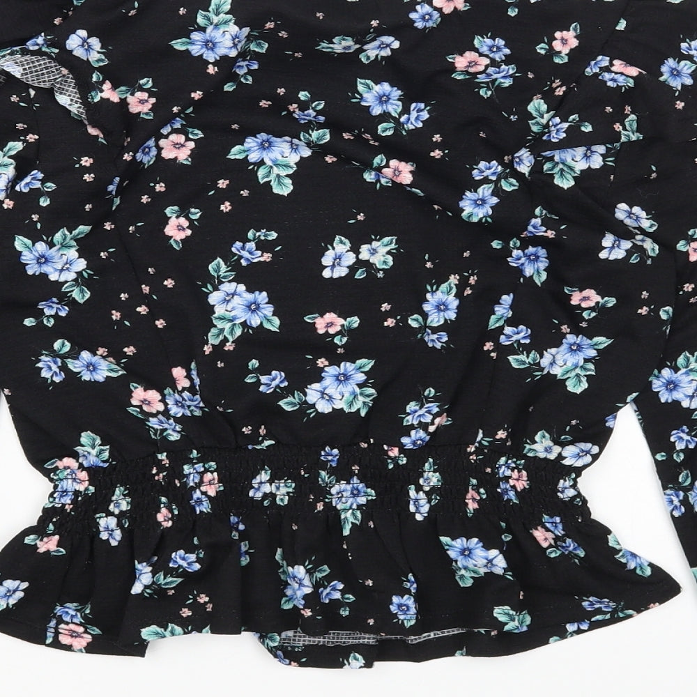 Dorothy Perkins Womens Black Floral Polyester Cropped T-Shirt Size 10 Mock Neck