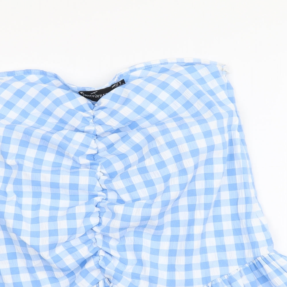 PRETTYLITTLETHING Womens Blue Check Polyester Basic Tank Size 10 Off the Shoulder