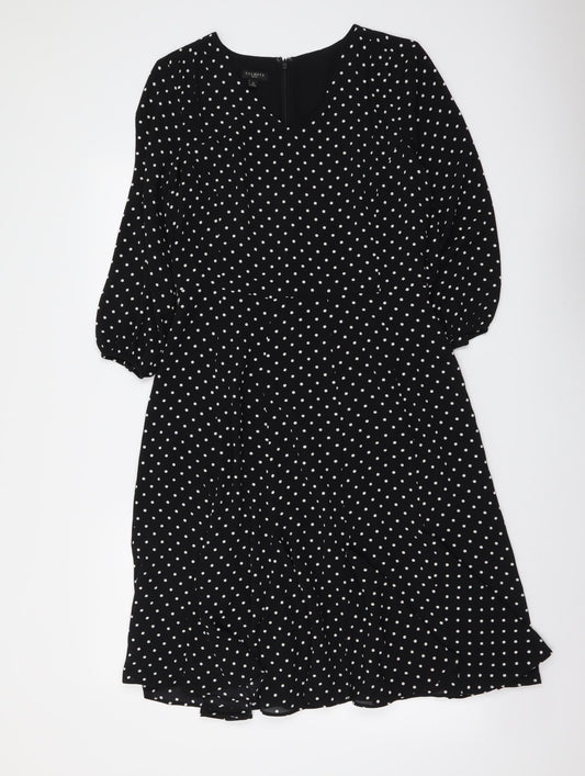 Talbots Womens Black Polka Dot Polyester A-Line Size S V-Neck Zip