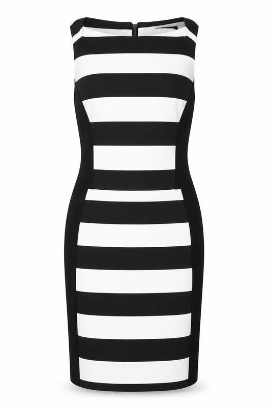 Mango Womens Black Striped Polyester Pencil Dress Size S Square Neck Zip