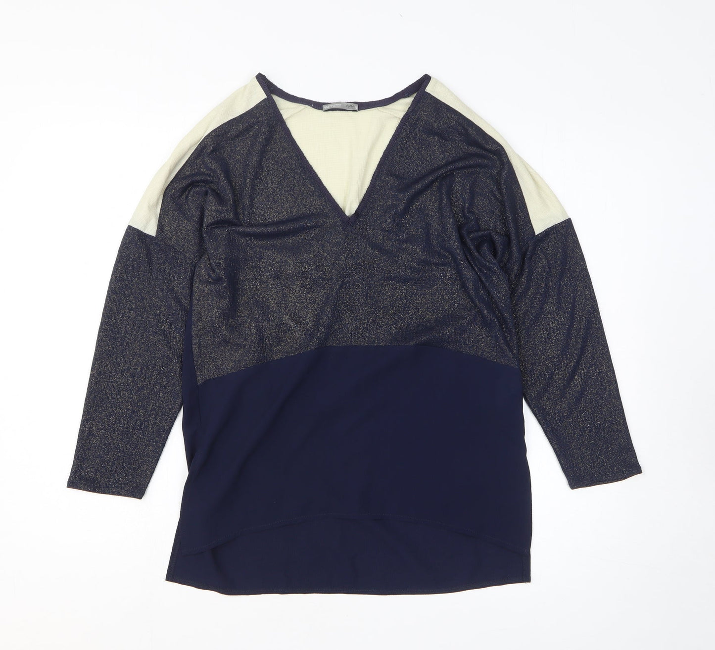 Zara Womens Blue Colourblock Polyester Basic T-Shirt Size S V-Neck
