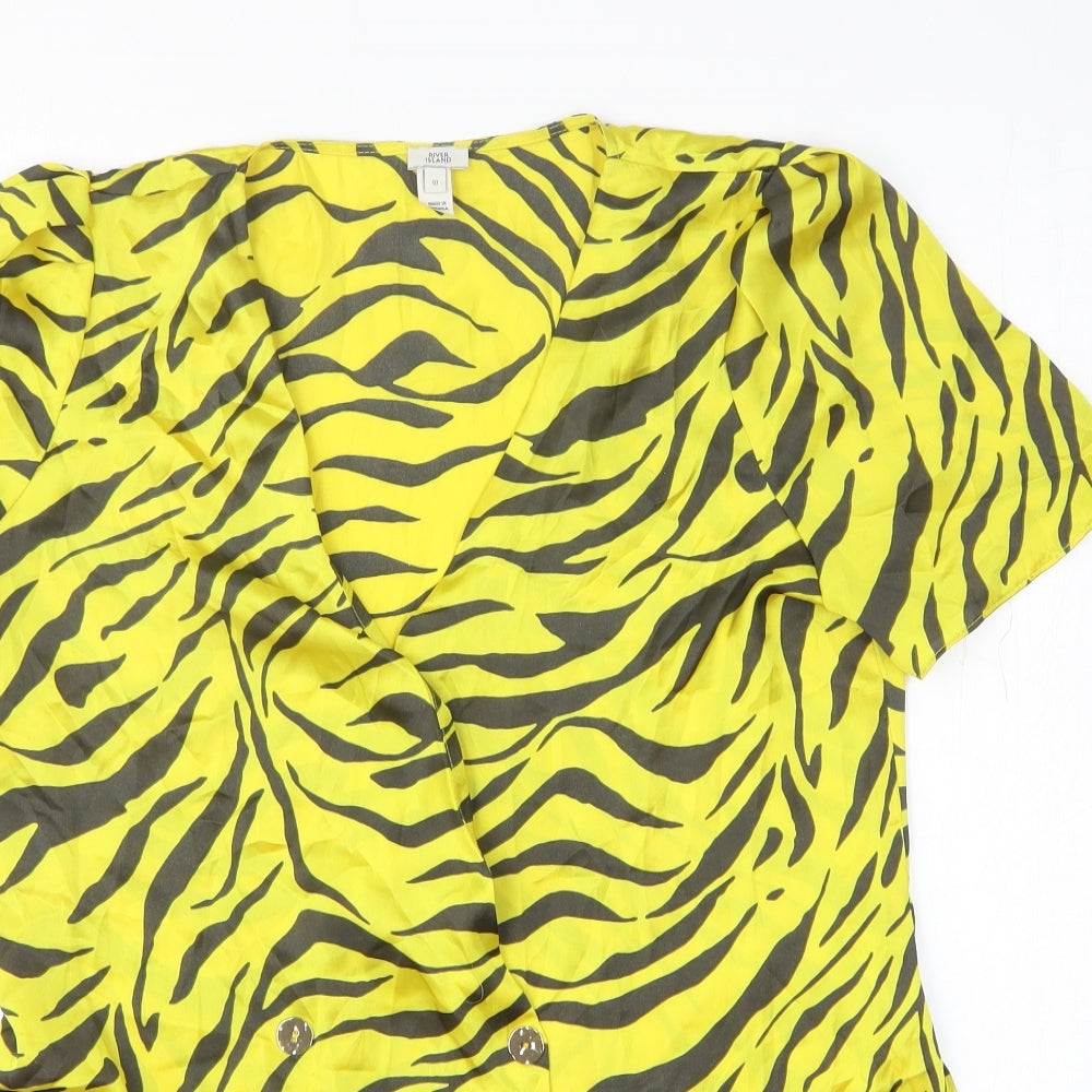 River Island Womens Yellow Animal Print Polyester Basic Button-Up Size 10 V-Neck