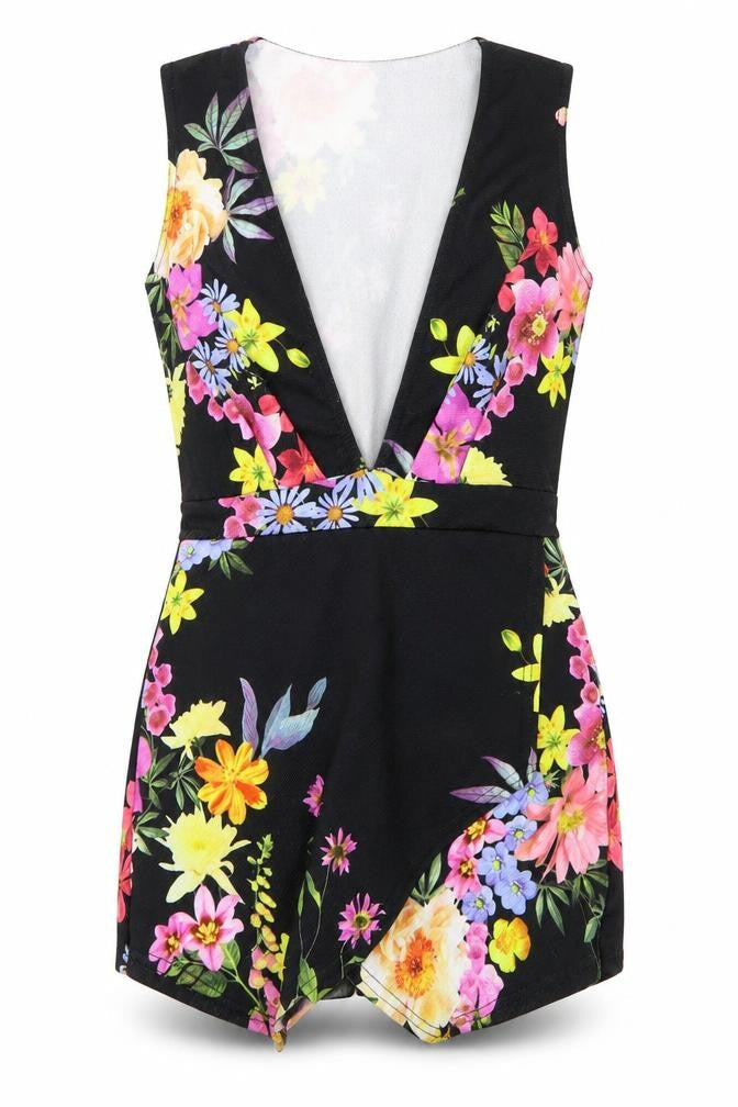 Boohoo Womens Black Floral Polyester Romper One-Piece Size 8 Pullover