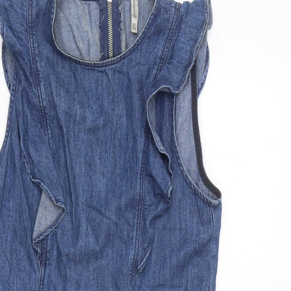 Stradivarius Womens Blue Cotton A-Line Size S Round Neck Zip