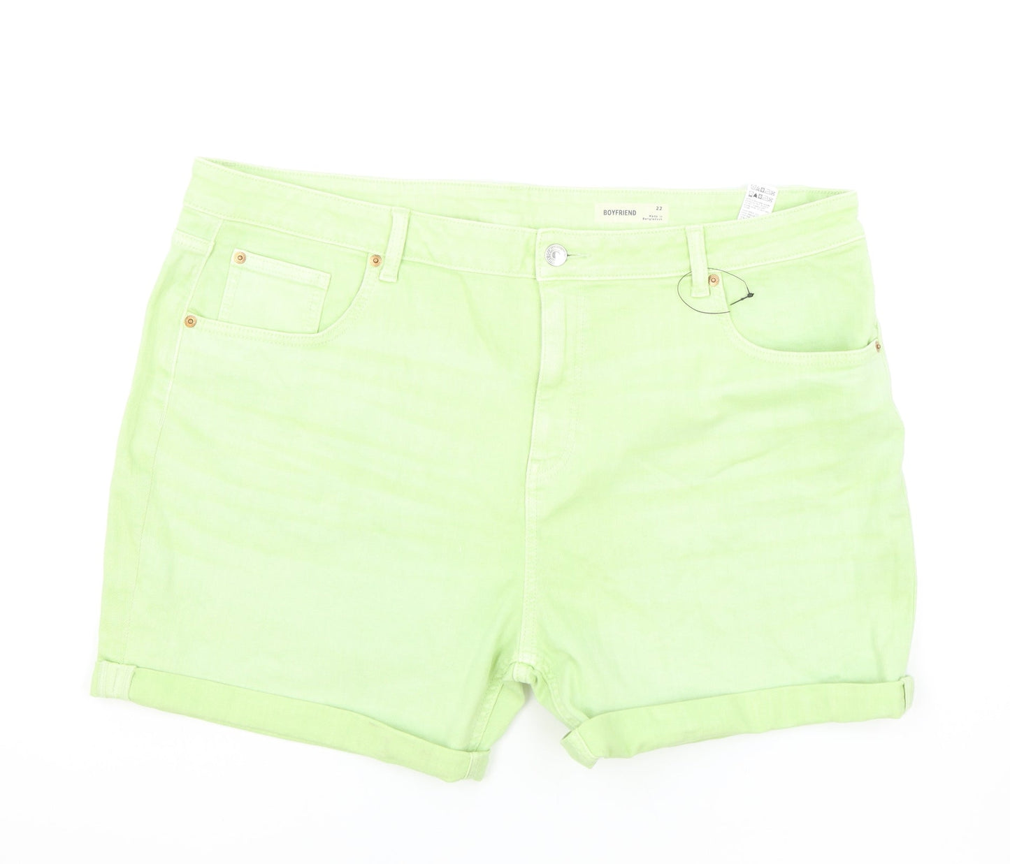 Marks and Spencer Womens Green Cotton Boyfriend Shorts Size 22 L5 in Regular Zip