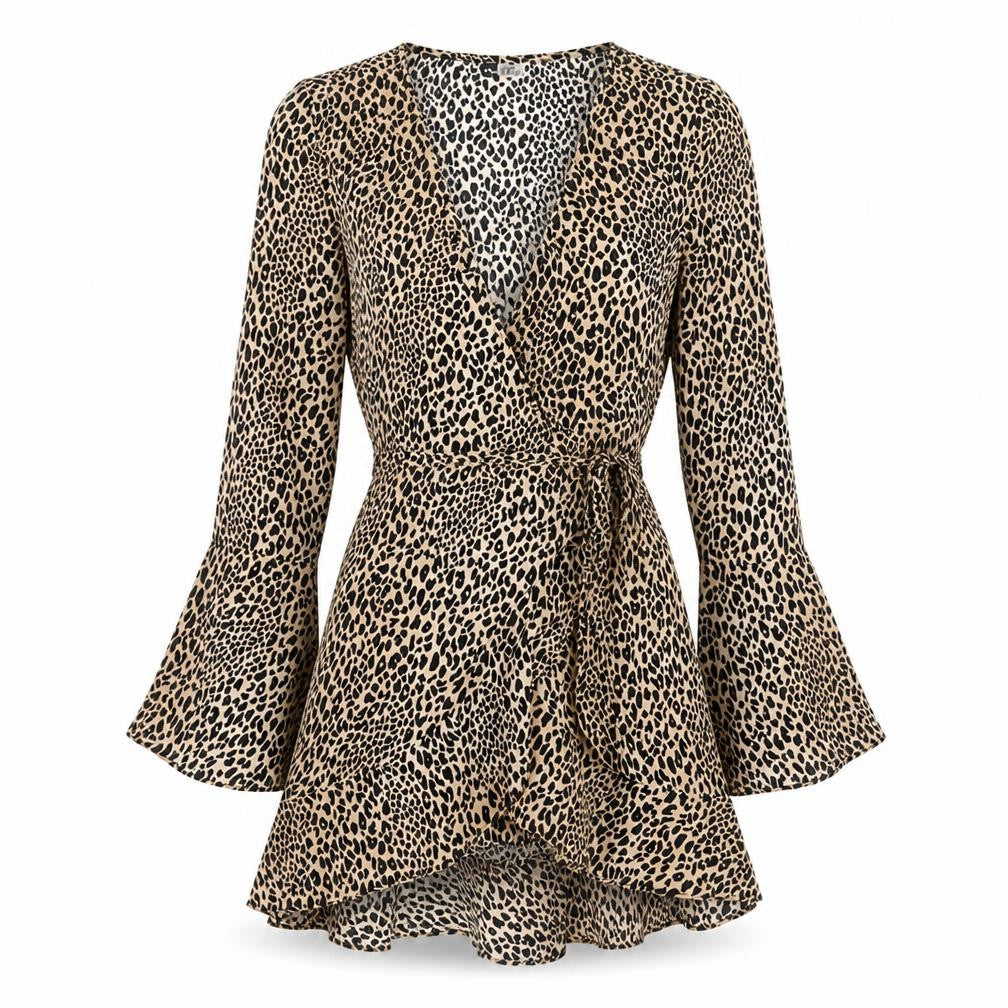 H&M Womens Brown Animal Print Polyester Wrap Dress Size 6 V-Neck Tie - Leopard Print