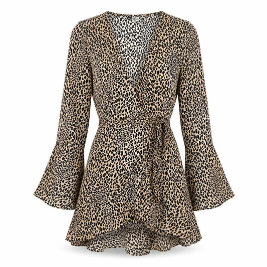 H&M Womens Brown Animal Print Polyester Wrap Dress Size 6 V-Neck Tie - Leopard Print