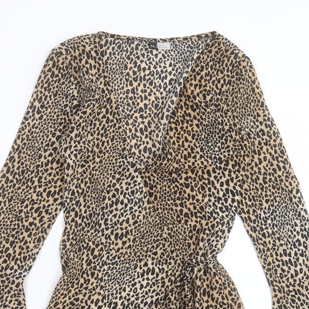H&M Womens Brown Animal Print Polyester Wrap Dress Size 6 V-Neck Tie - Leopard Print