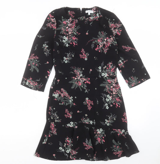 Warehouse Womens Black Floral Polyester A-Line Size 10 Crew Neck Zip