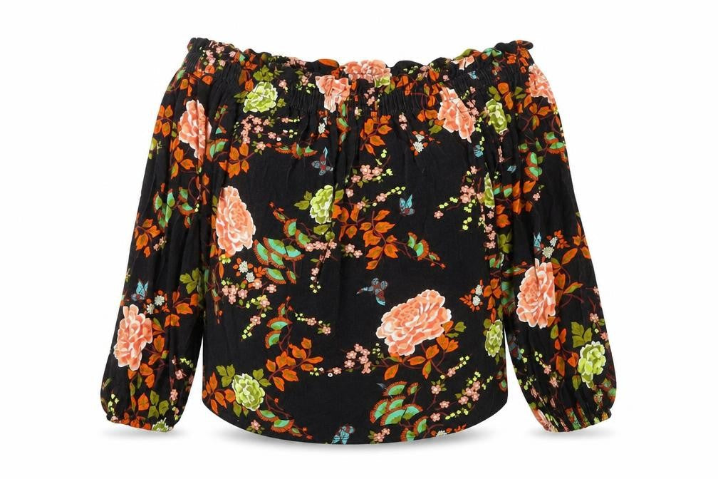 Primark Womens Black Floral Viscose Basic Blouse Size M Off the Shoulder