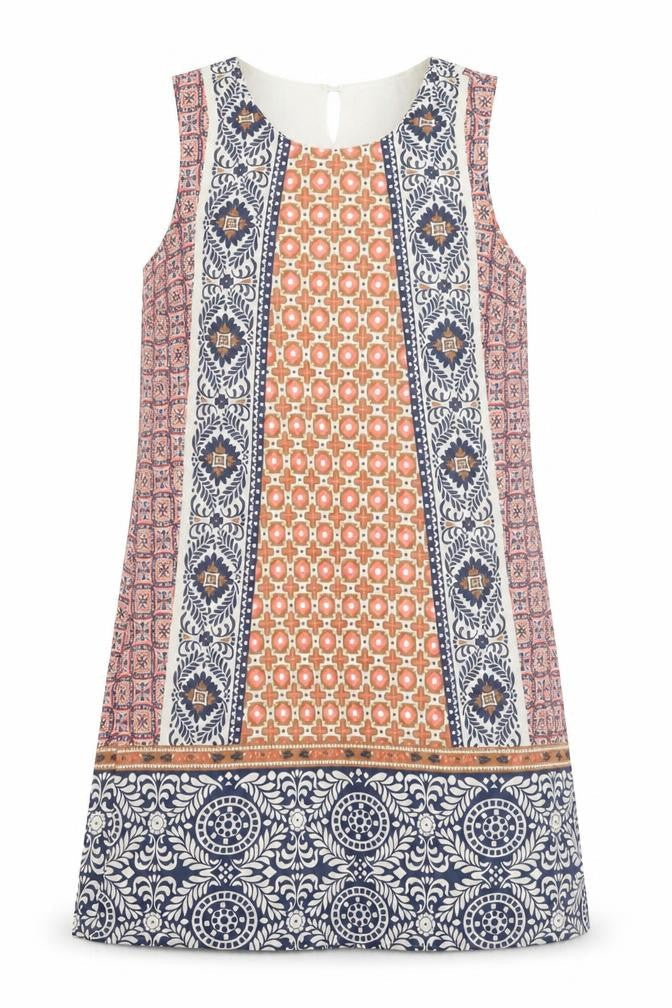 Only Womens Multicoloured Geometric Polyester A-Line Size 8 Crew Neck Button