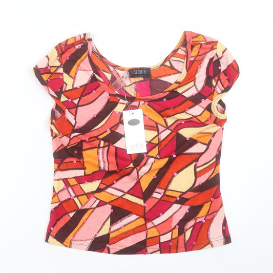 Suchita Womens Multicoloured Geometric Cotton Basic T-Shirt Size S Boat Neck