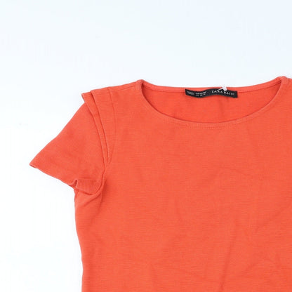 Zara Womens Orange Cotton Basic Blouse Size XS Crew Neck