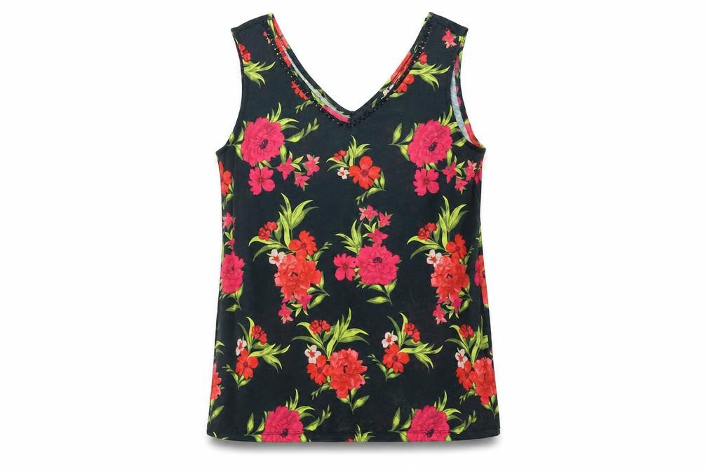 Bonmarché Womens Black Floral Polyester Basic Tank Size 12 V-Neck