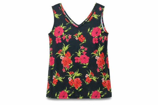 Bonmarche Womens Black Floral Polyester Basic Tank Size 12 V-Neck