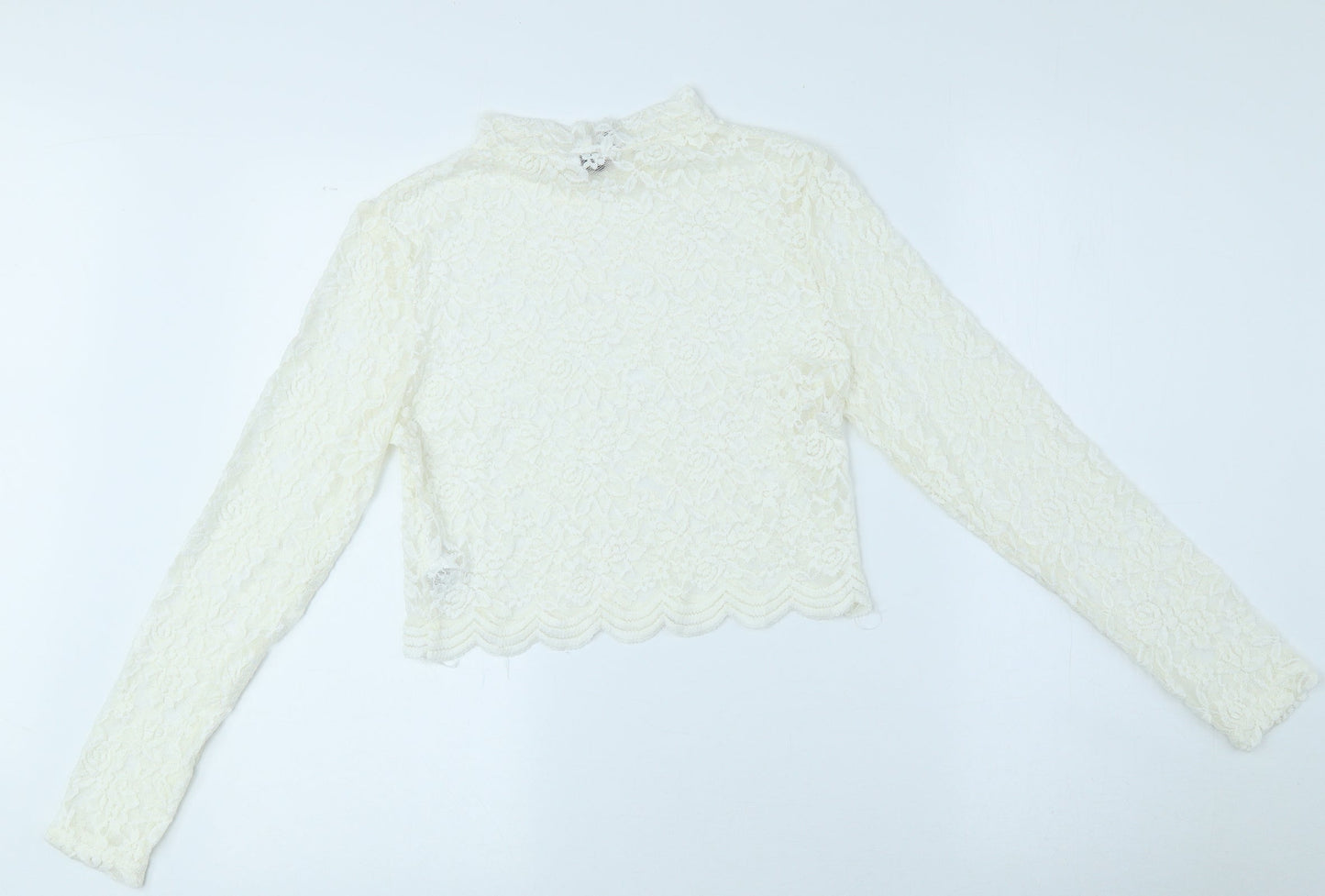 Divided Womens White Floral Polyamide Blouse Size M Roll Neck - See through