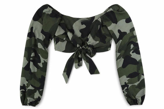 I SAW IT FIRST Womens Green Camouflage Polyester Cropped Blouse Size 6 Scoop Neck - Tie Front