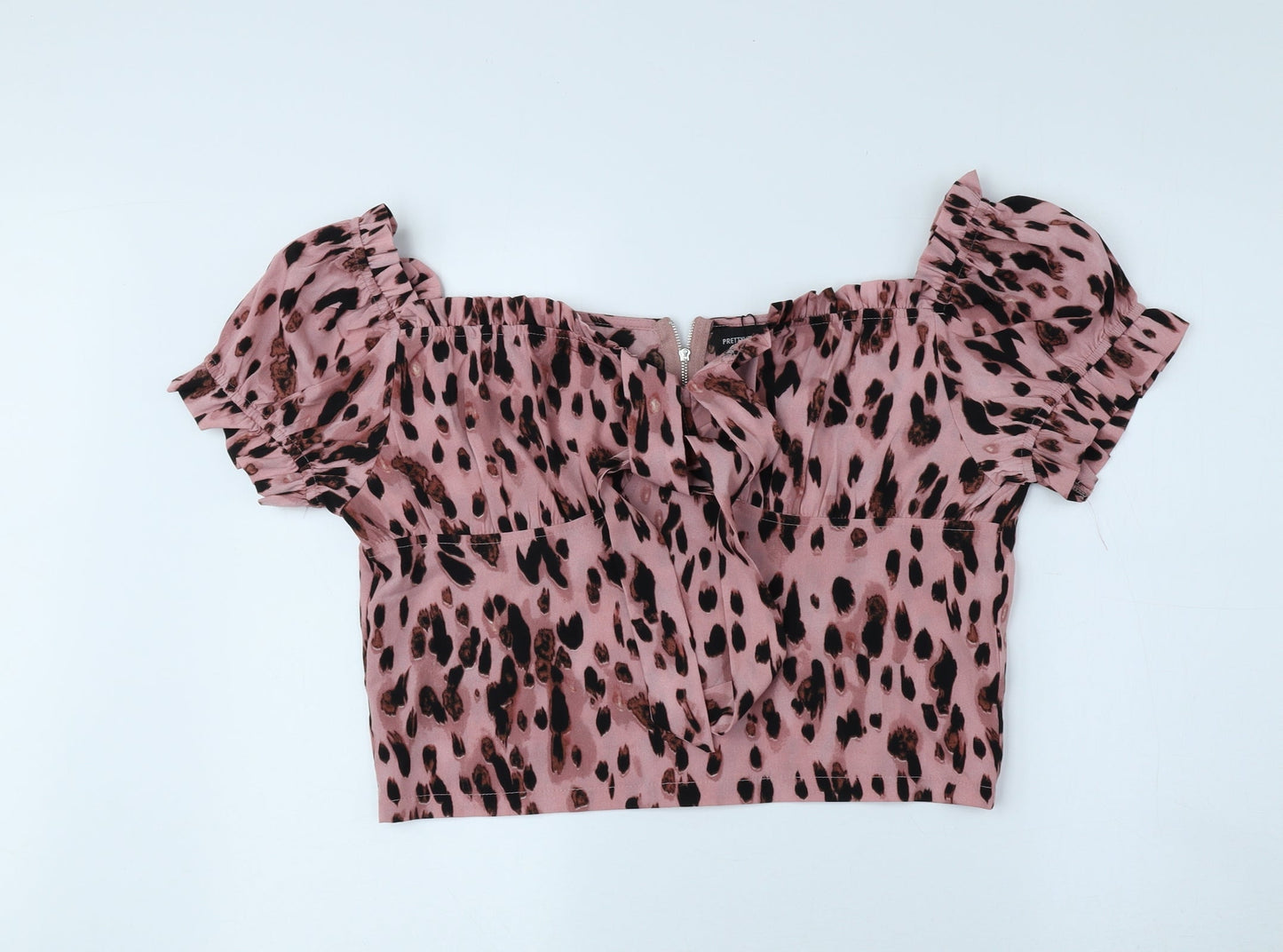 PRETTYLITTLETHING Womens Pink Animal Print Polyester Cropped Blouse Size 16 Off the Shoulder - Leopard Print