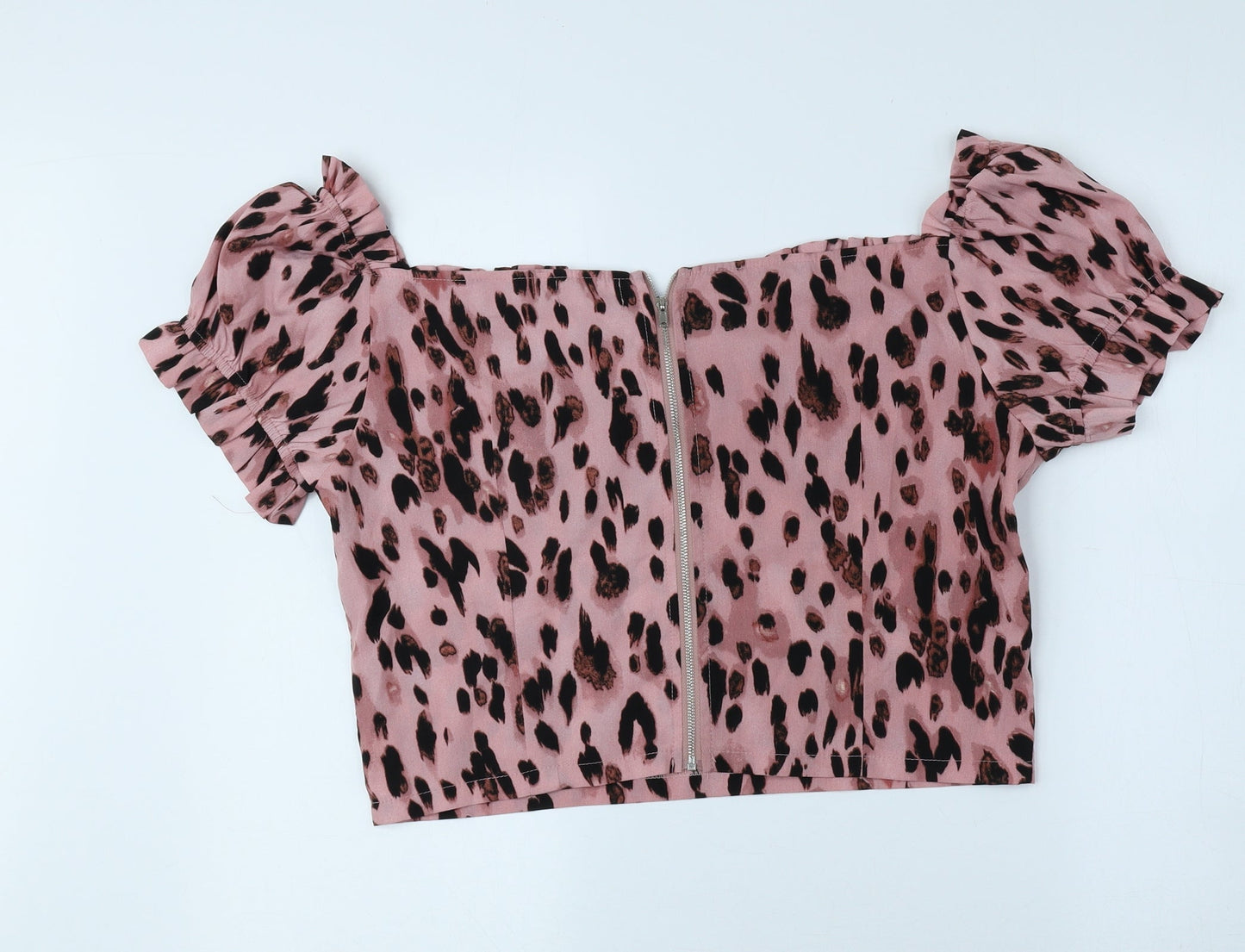 PRETTYLITTLETHING Womens Pink Animal Print Polyester Cropped Blouse Size 16 Off the Shoulder - Leopard Print