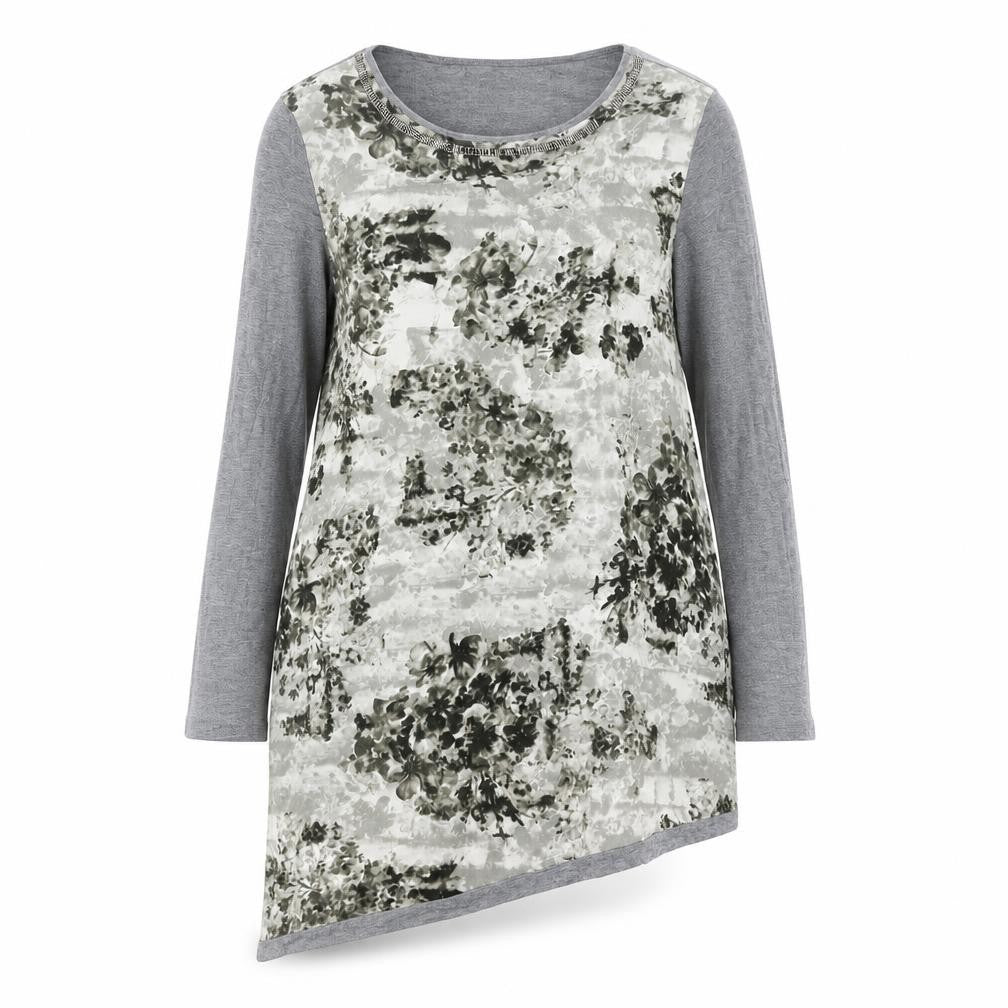 Anthology Womens Grey Geometric Polyester Tunic Blouse Size 14 Round Neck - Asymmetric