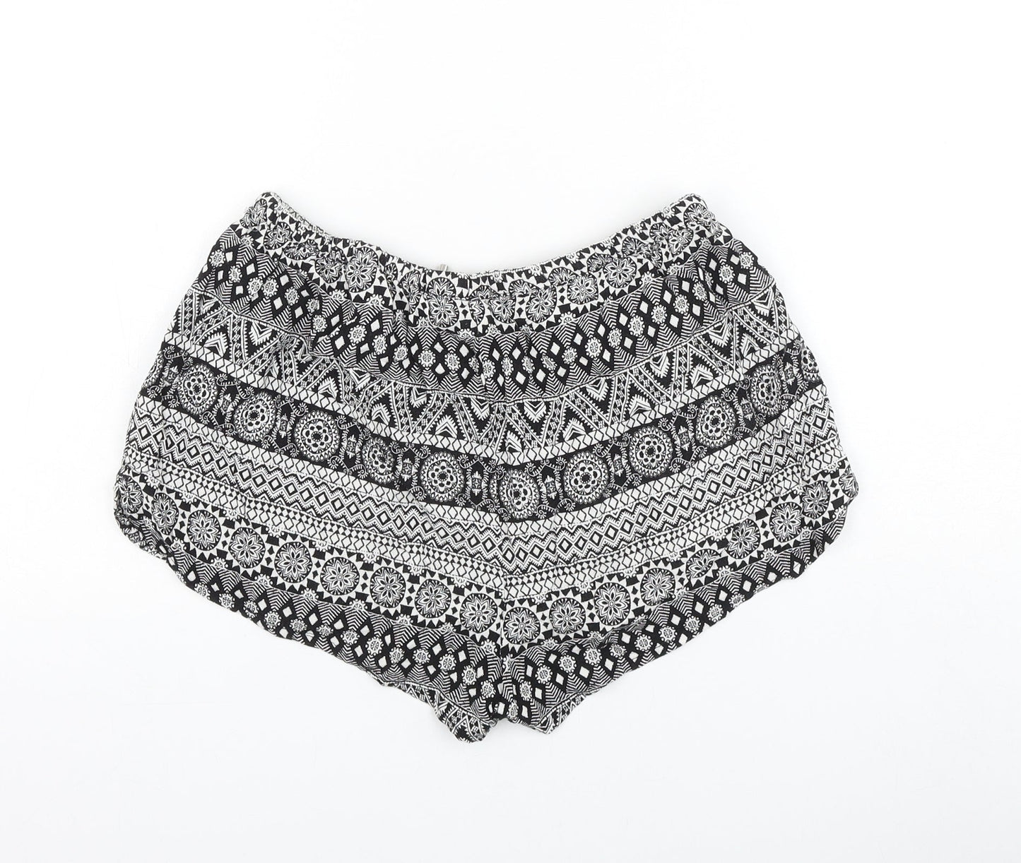 H&M Womens Black Geometric Viscose Hot Pants Shorts Size 8 L3 in Regular Drawstring