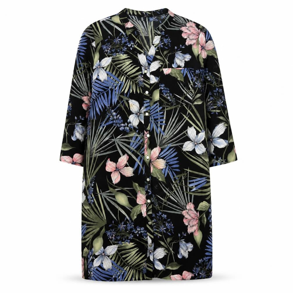 F&F Womens Black Floral Polyester Tunic Button-Up Size 14 V-Neck