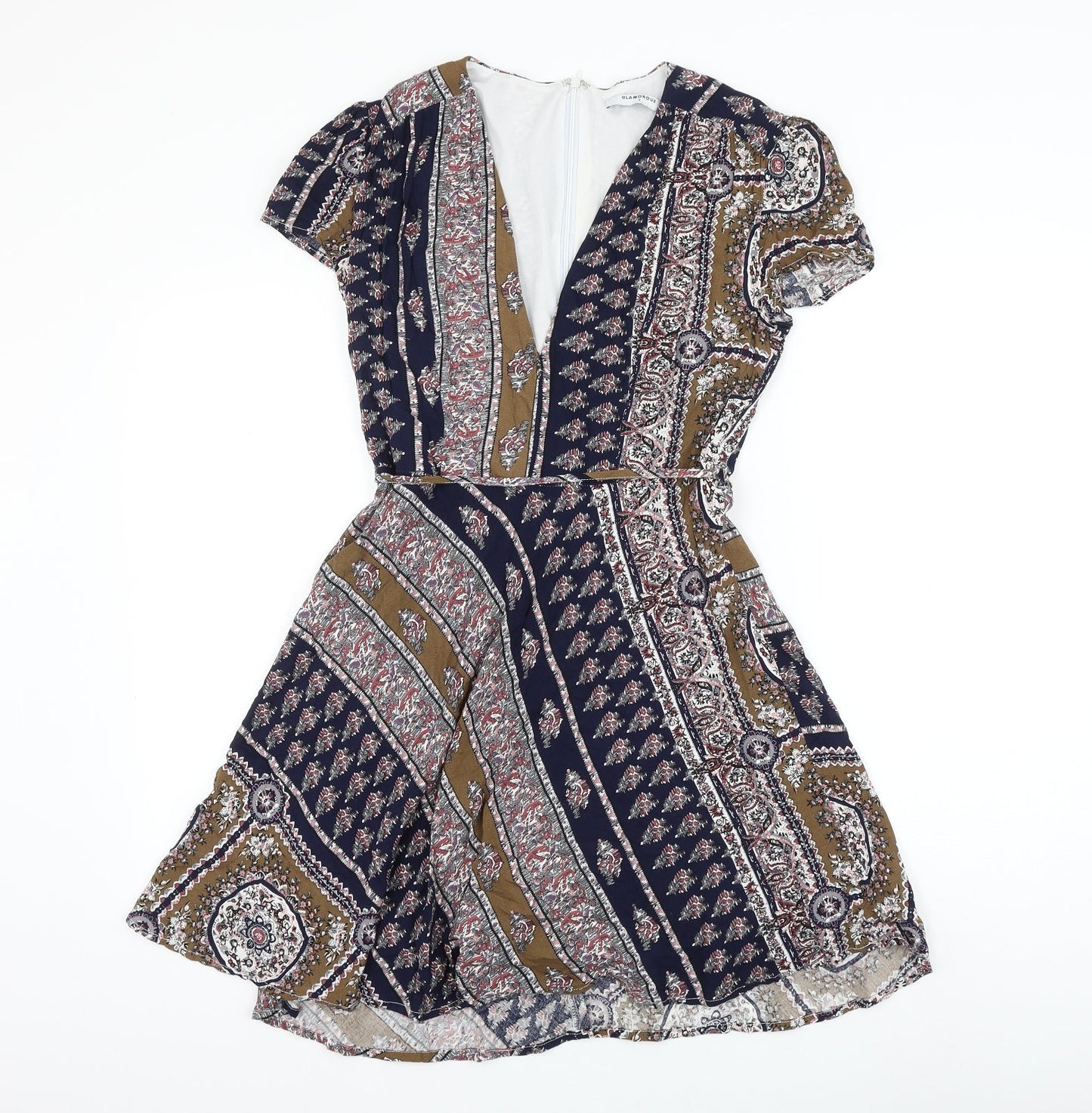 Glamorous Womens Multicoloured Geometric Viscose Skater Dress Size S V-Neck Zip