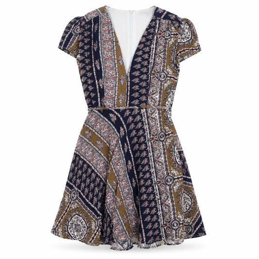 Glamorous Womens Multicoloured Geometric Viscose Skater Dress Size S V-Neck Zip